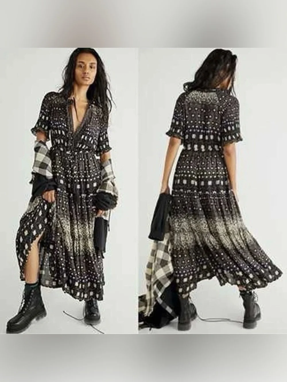 Free People Rare Feelings Midi Dress Cocoa Combo Dress Black Cottagecore Boho M